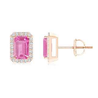 6x4mm AA Emerald-Cut Pink Sapphire Stud Earrings with Diamond Halo in Rose Gold