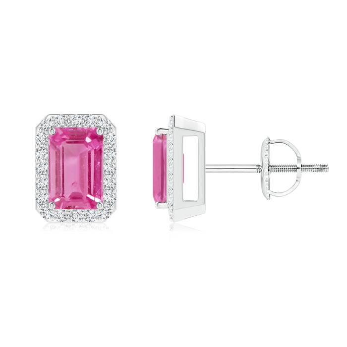 6x4mm AAA Emerald-Cut Pink Sapphire Stud Earrings with Diamond Halo in White Gold 