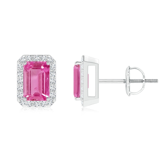 6x4mm AAA Emerald-Cut Pink Sapphire Stud Earrings with Diamond Halo in White Gold