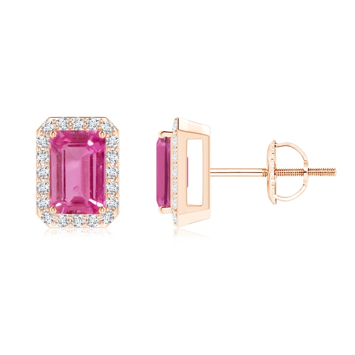 6x4mm AAAA Emerald-Cut Pink Sapphire Stud Earrings with Diamond Halo in Rose Gold