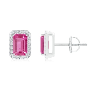 6x4mm AAAA Emerald-Cut Pink Sapphire Stud Earrings with Diamond Halo in White Gold