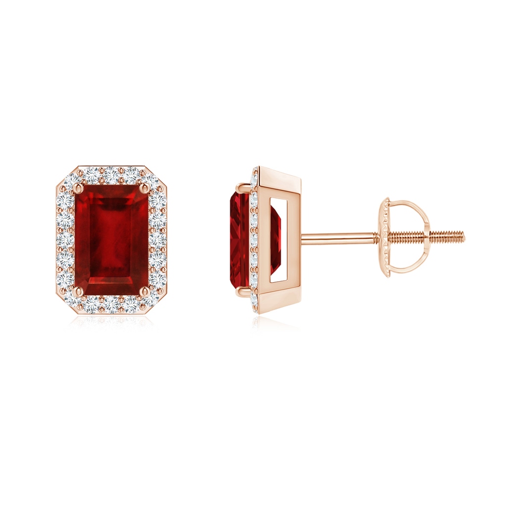 6x4mm AAAA Emerald-Cut Ruby Stud Earrings with Diamond Halo in Rose Gold