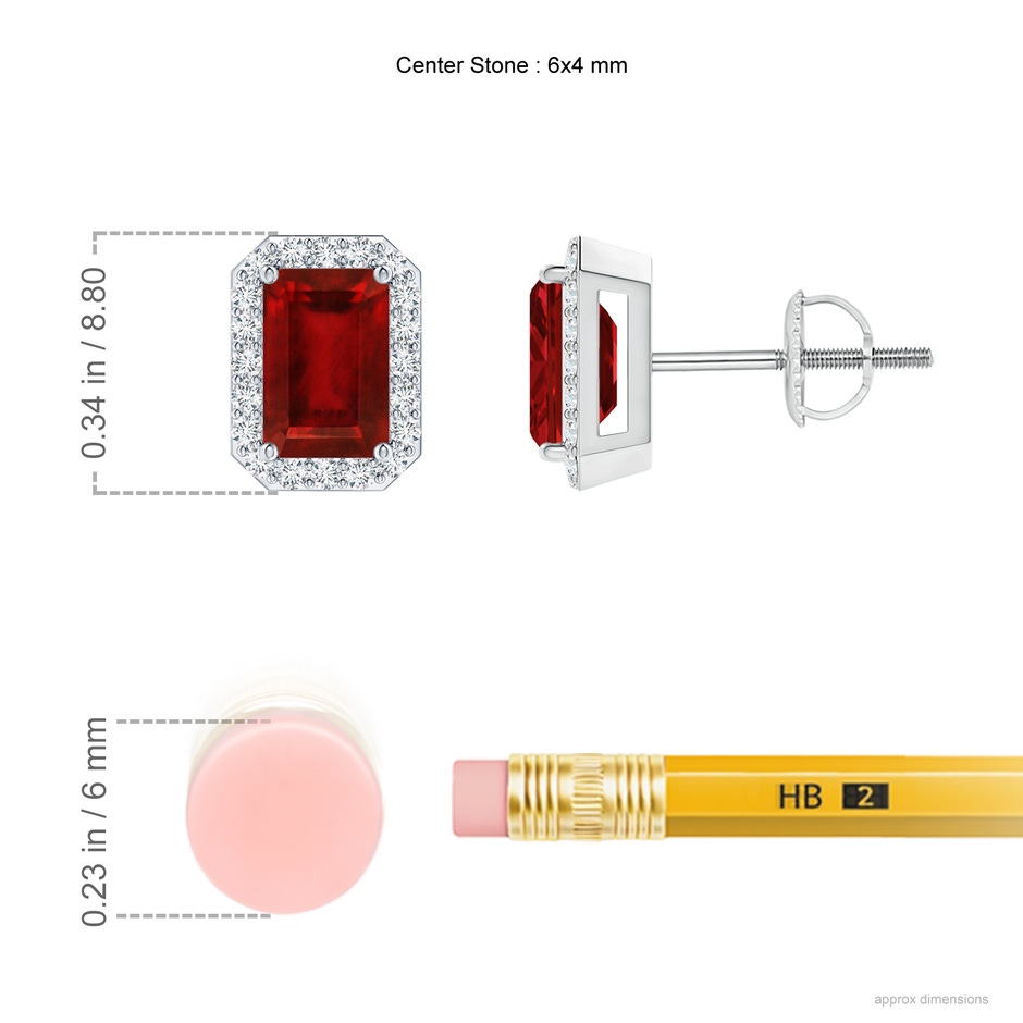 6x4mm AAAA Emerald-Cut Ruby Stud Earrings with Diamond Halo in White Gold ruler