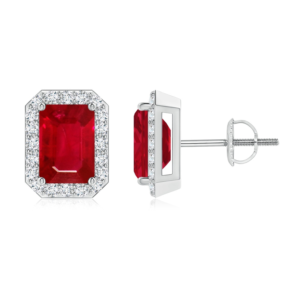 7x5mm AAA Emerald-Cut Ruby Stud Earrings with Diamond Halo in White Gold