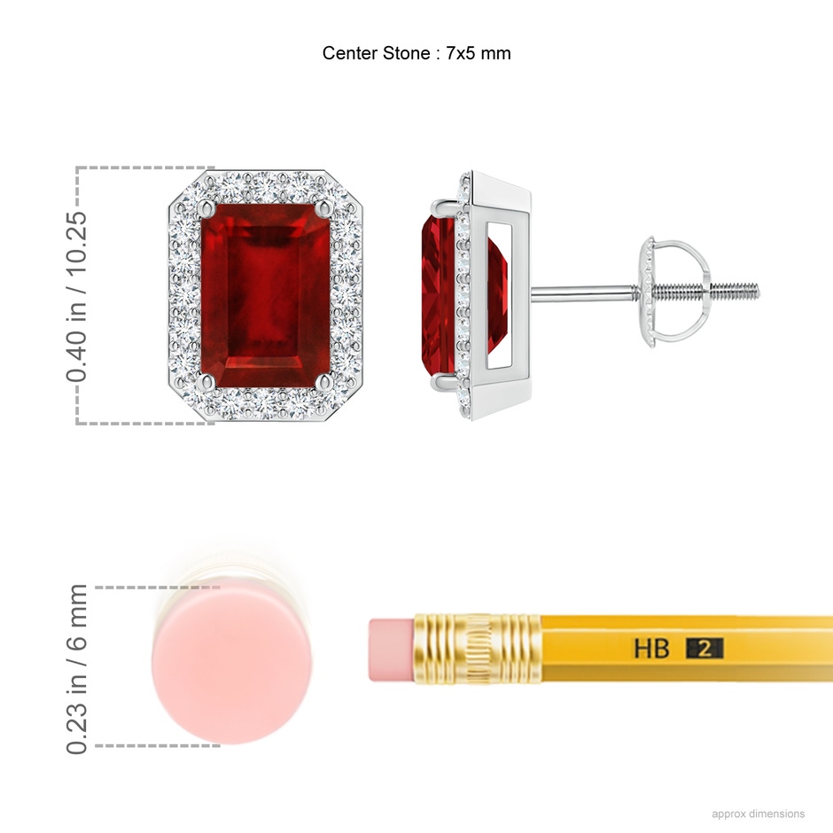 7x5mm AAAA Emerald-Cut Ruby Stud Earrings with Diamond Halo in P950 Platinum ruler