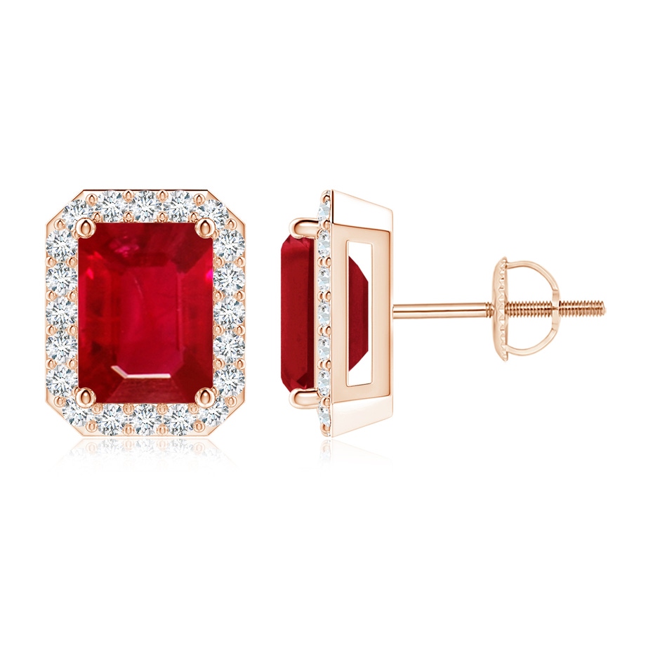 8x6mm AAA Emerald-Cut Ruby Stud Earrings with Diamond Halo in Rose Gold 