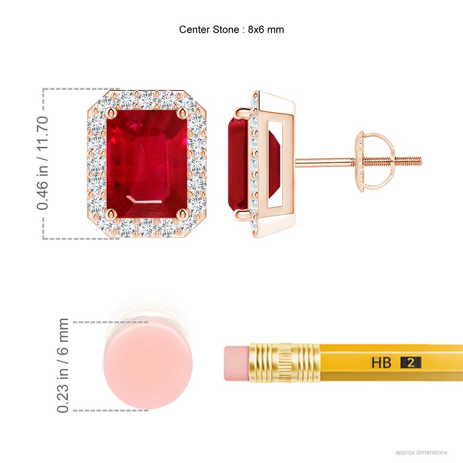 8x6mm AAA Emerald-Cut Ruby Stud Earrings with Diamond Halo in Rose Gold ruler