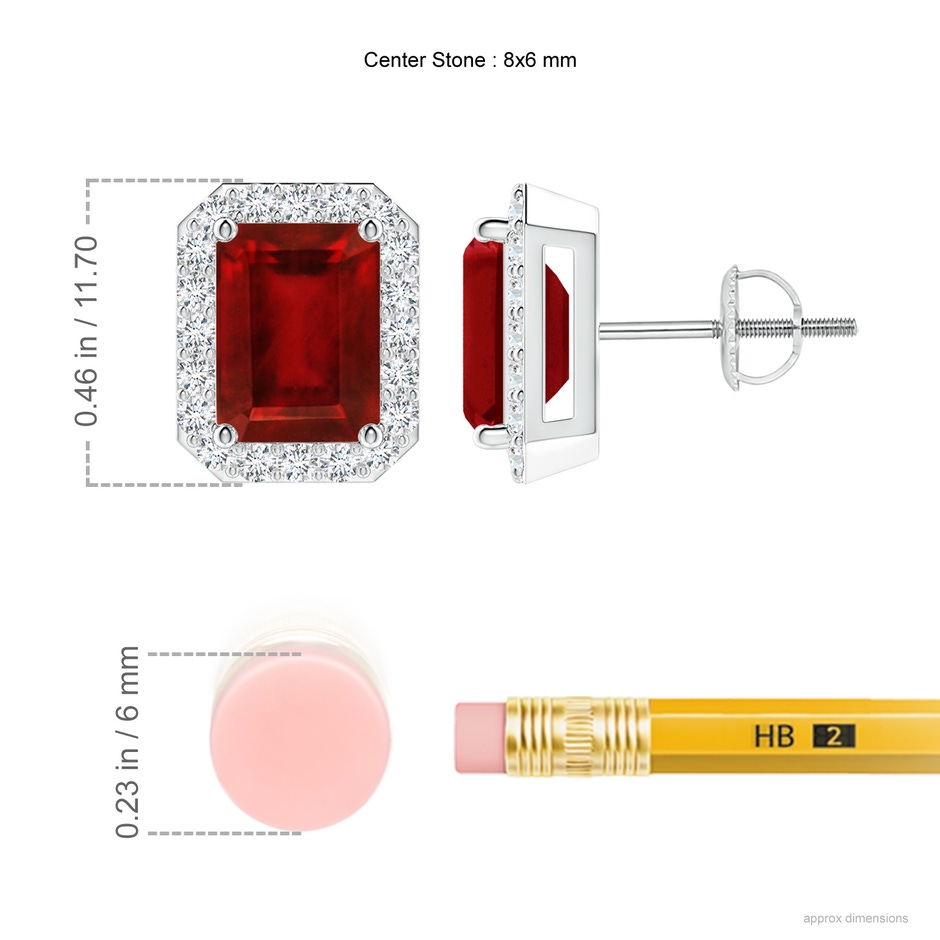 8x6mm AAAA Emerald-Cut Ruby Stud Earrings with Diamond Halo in P950 Platinum ruler