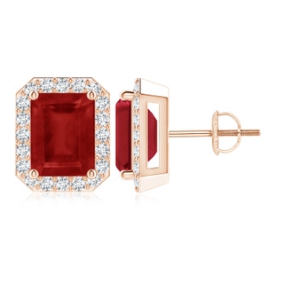 9x7mm AA Emerald-Cut Ruby Stud Earrings with Diamond Halo in Rose Gold