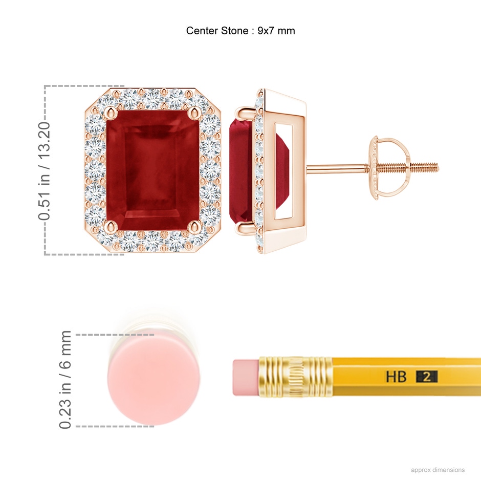 9x7mm AA Emerald-Cut Ruby Stud Earrings with Diamond Halo in Rose Gold ruler
