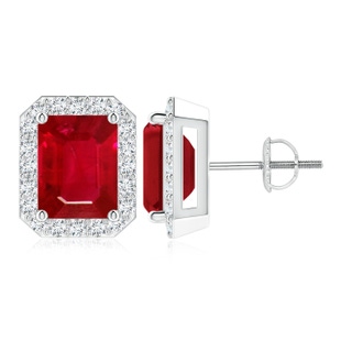 9x7mm AAA Emerald-Cut Ruby Stud Earrings with Diamond Halo in P950 Platinum