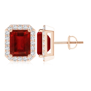 9x7mm AAAA Emerald-Cut Ruby Stud Earrings with Diamond Halo in Rose Gold