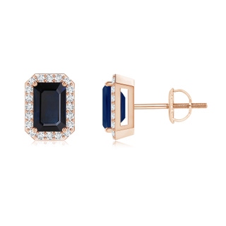 6x4mm A Emerald-Cut Sapphire Stud Earrings with Diamond Halo in 10K Rose Gold