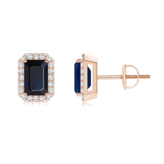 6x4mm A Emerald-Cut Sapphire Stud Earrings with Diamond Halo in 9K Rose Gold