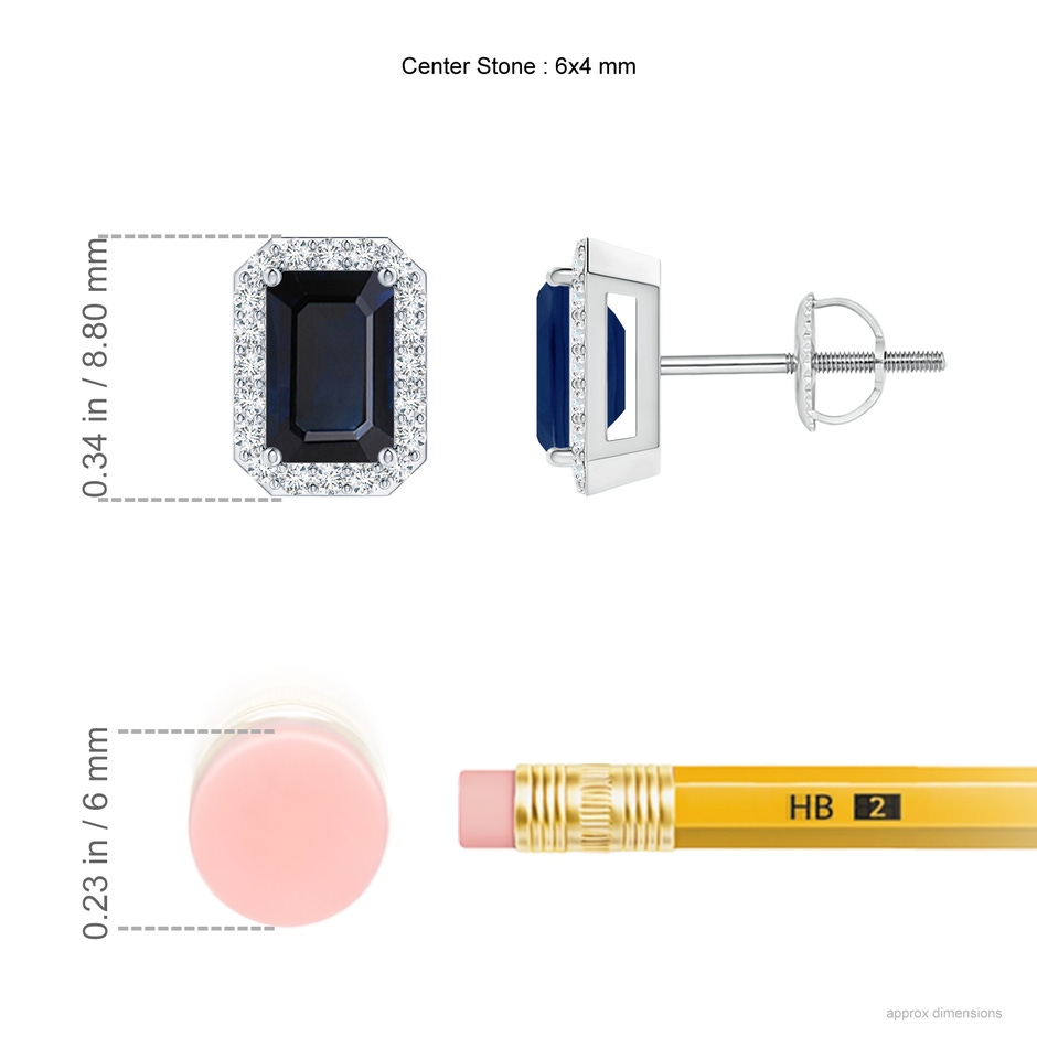 6x4mm A Emerald-Cut Sapphire Stud Earrings with Diamond Halo in White Gold ruler