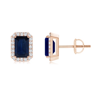 6x4mm AA Emerald-Cut Sapphire Stud Earrings with Diamond Halo in 9K Rose Gold