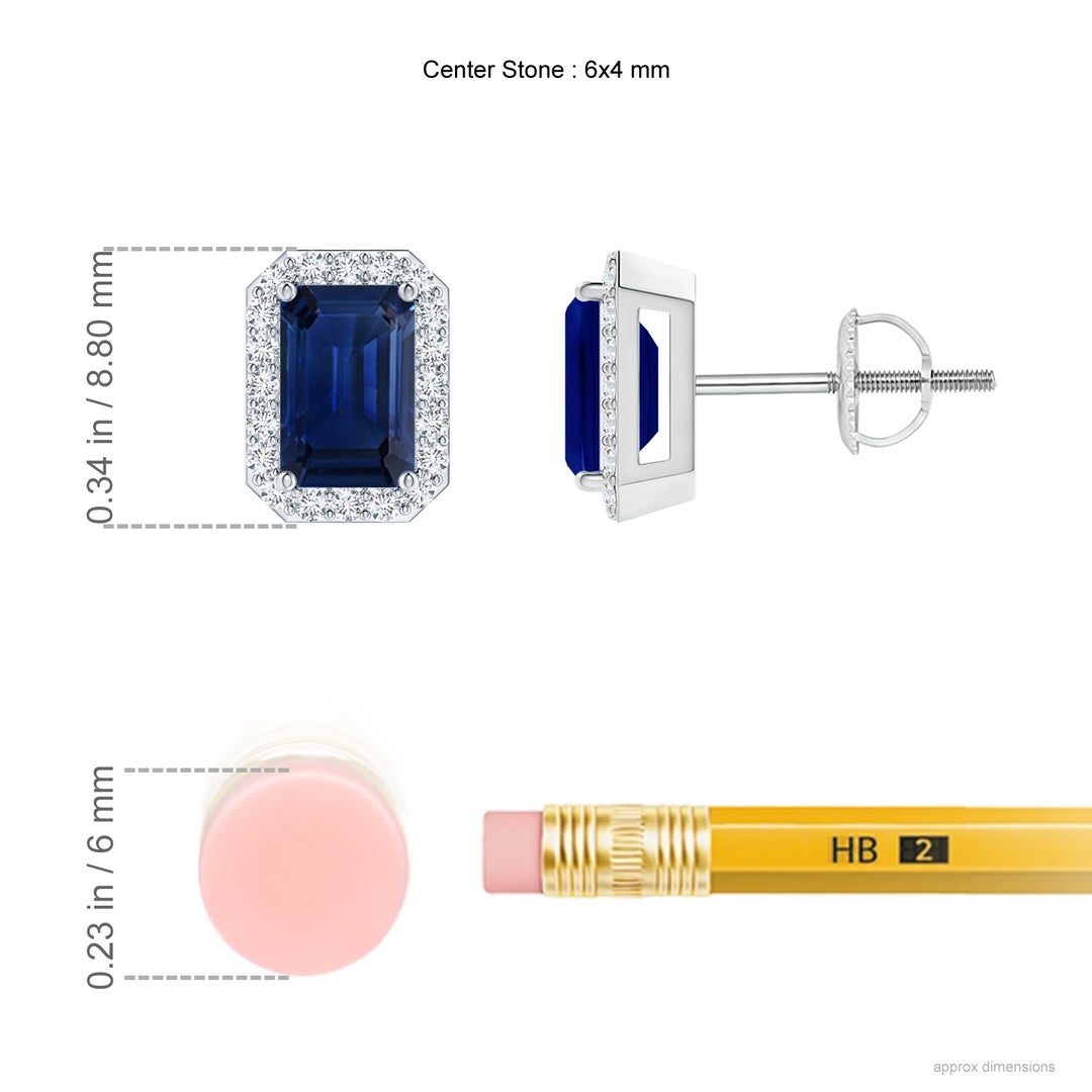 6x4mm AAA Emerald-Cut Sapphire Stud Earrings with Diamond Halo in White Gold - ruler