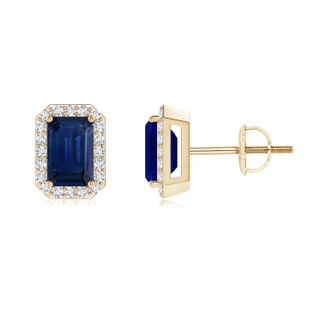 6x4mm AAA Emerald-Cut Sapphire Stud Earrings with Diamond Halo in Yellow Gold