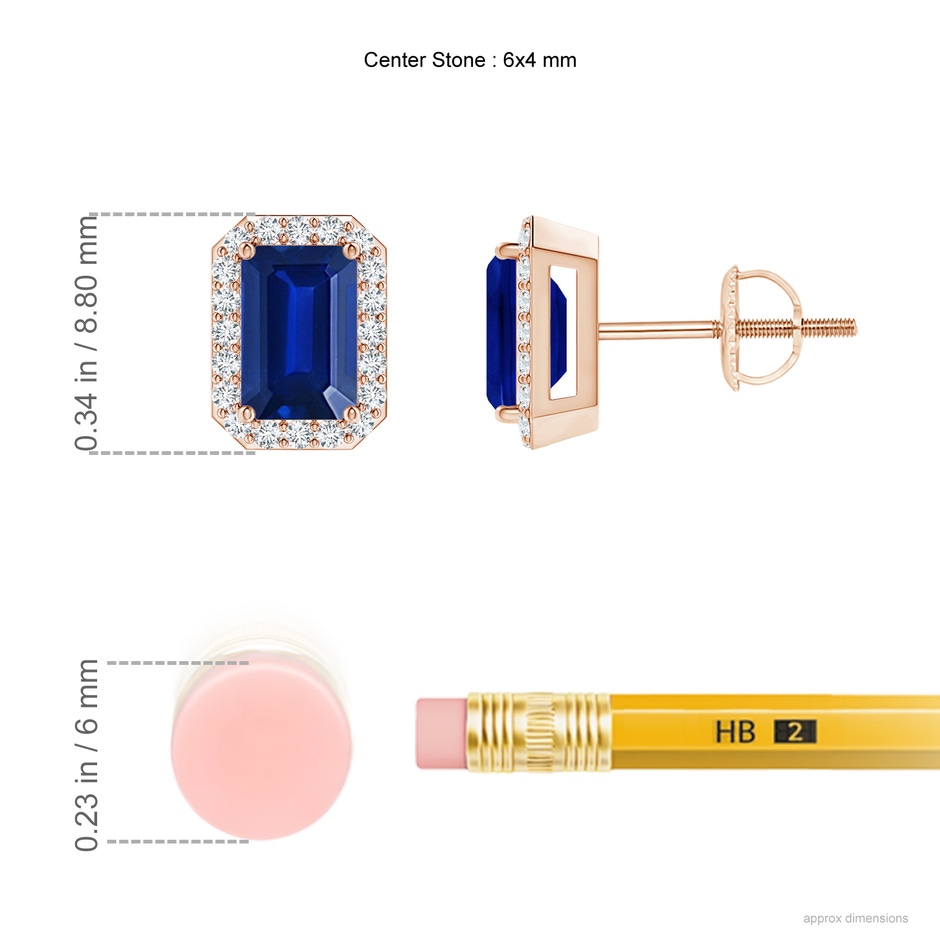 6x4mm Lab-Grown Emerald-Cut Sapphire Stud Earrings with Diamond Halo in Rose Gold ruler
