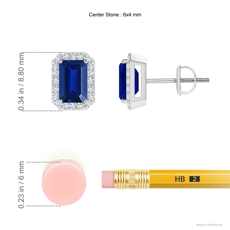 6x4mm Lab-Grown Emerald-Cut Sapphire Stud Earrings with Diamond Halo in White Gold ruler
