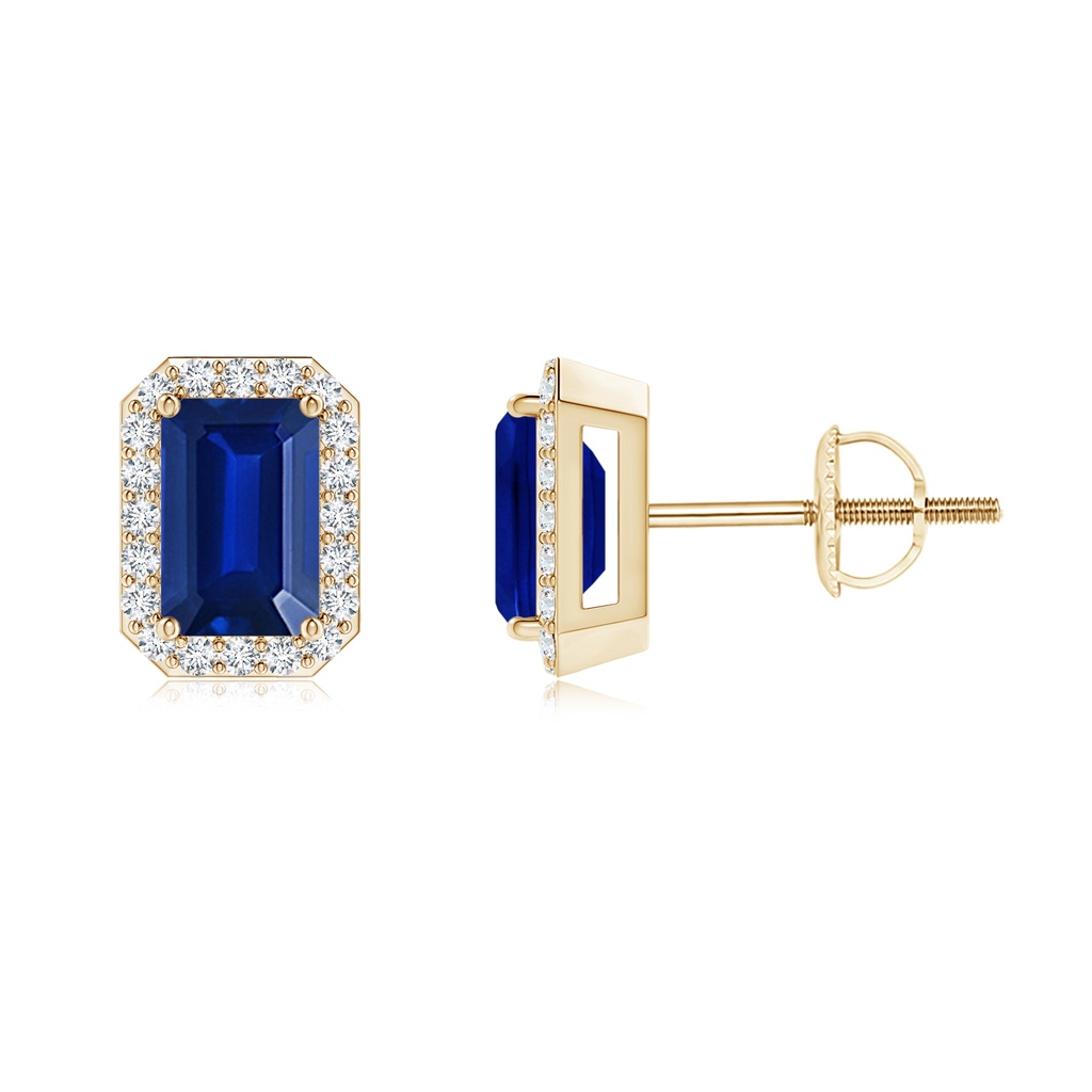 6x4mm AAAA Emerald-Cut Sapphire Stud Earrings with Diamond Halo in Yellow Gold