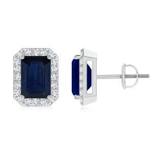 7x5mm AA Emerald-Cut Sapphire Stud Earrings with Diamond Halo in P950 Platinum