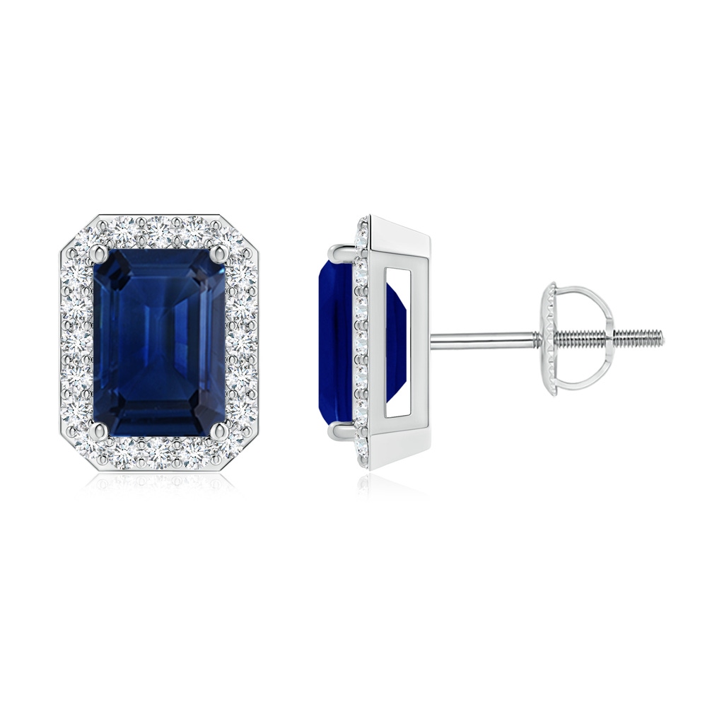 7x5mm AAA Emerald-Cut Sapphire Stud Earrings with Diamond Halo in White Gold