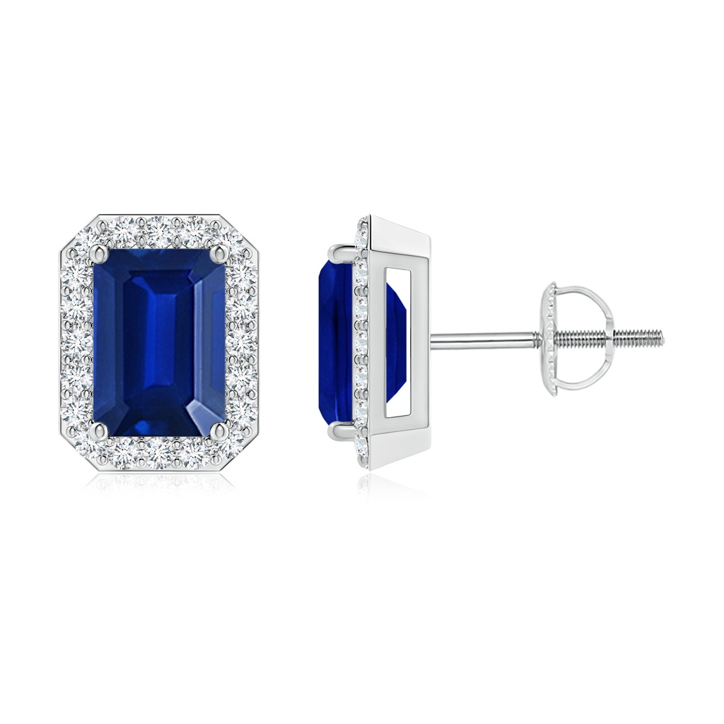 7x5mm Lab-Grown Emerald-Cut Sapphire Stud Earrings with Diamond Halo in P950 Platinum