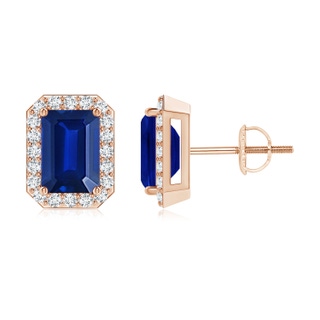 7x5mm AAAA Emerald-Cut Sapphire Stud Earrings with Diamond Halo in Rose Gold