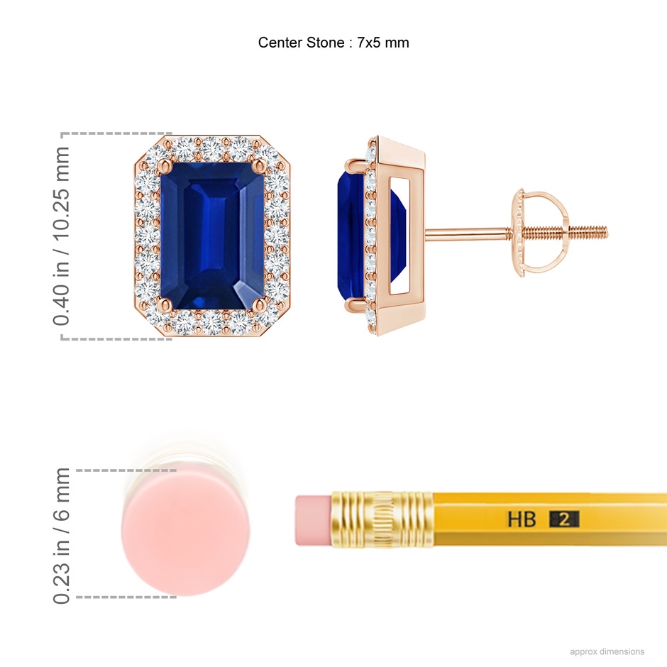 7x5mm Lab-Grown Emerald-Cut Sapphire Stud Earrings with Diamond Halo in Rose Gold ruler