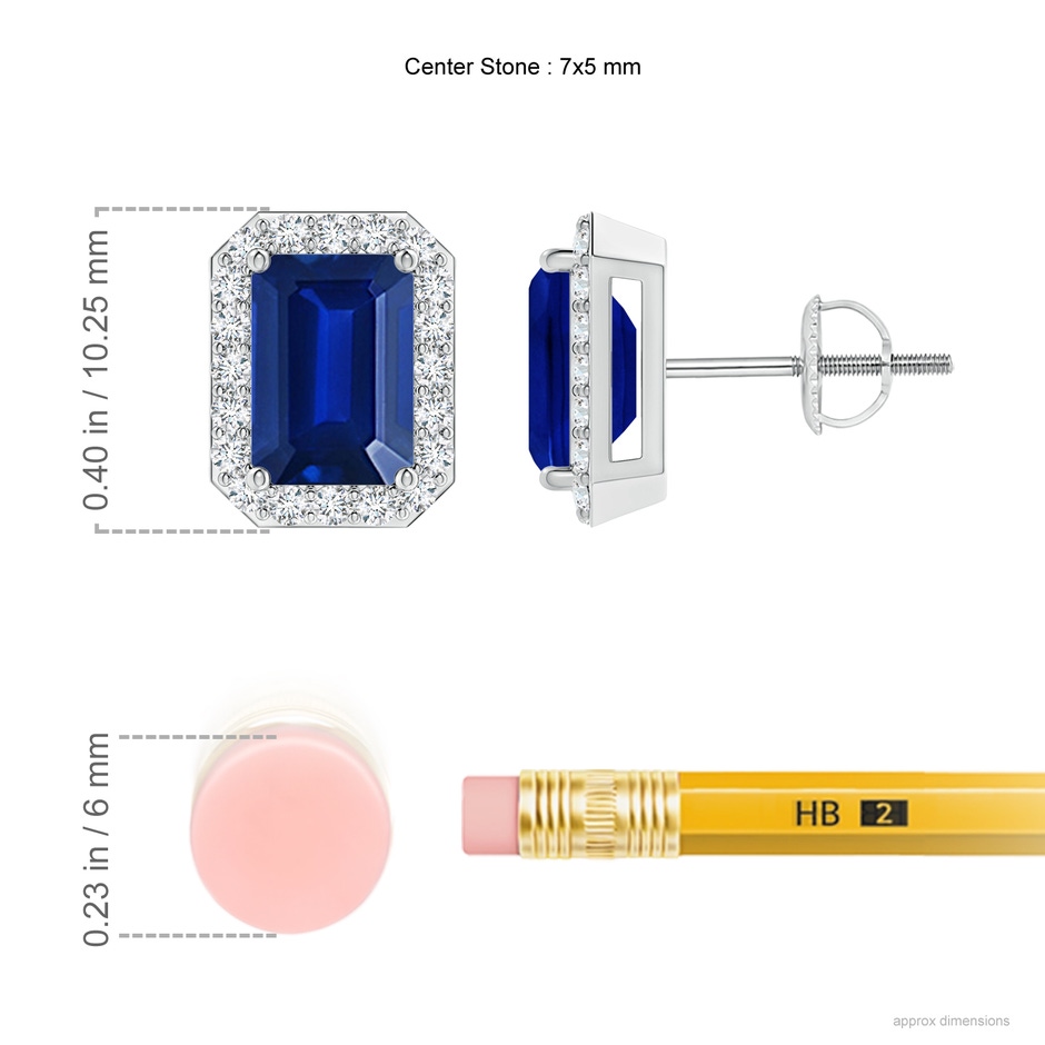 7x5mm Lab-Grown Emerald-Cut Sapphire Stud Earrings with Diamond Halo in White Gold ruler