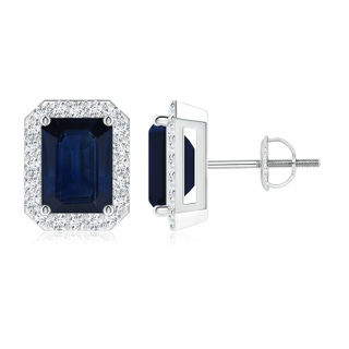 8x6mm AA Emerald-Cut Sapphire Stud Earrings with Diamond Halo in P950 Platinum