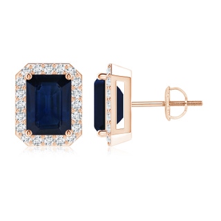 8x6mm AA Emerald-Cut Sapphire Stud Earrings with Diamond Halo in Rose Gold