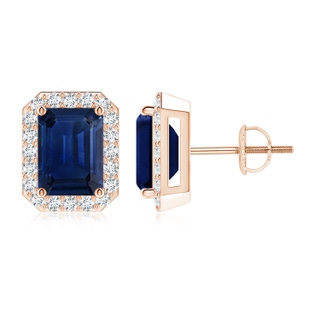 8x6mm AAA Emerald-Cut Sapphire Stud Earrings with Diamond Halo in 9K Rose Gold