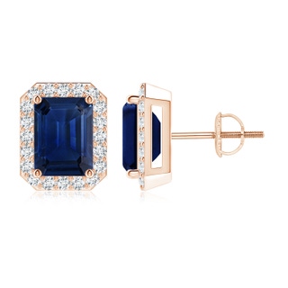 8x6mm AAA Emerald-Cut Sapphire Stud Earrings with Diamond Halo in Rose Gold