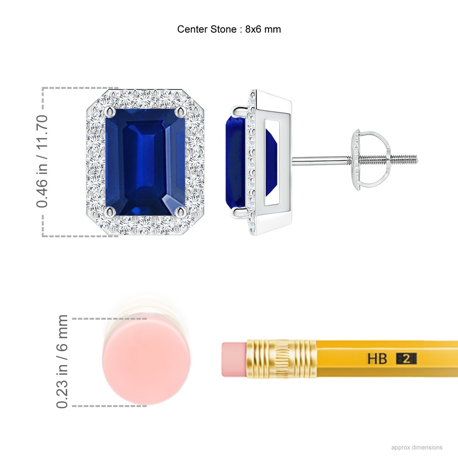 8x6mm AAAA Emerald-Cut Sapphire Stud Earrings with Diamond Halo in P950 Platinum ruler