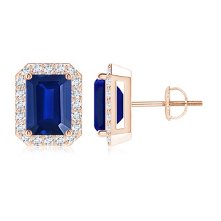 8x6mm AAAA Emerald-Cut Sapphire Stud Earrings with Diamond Halo in Rose Gold