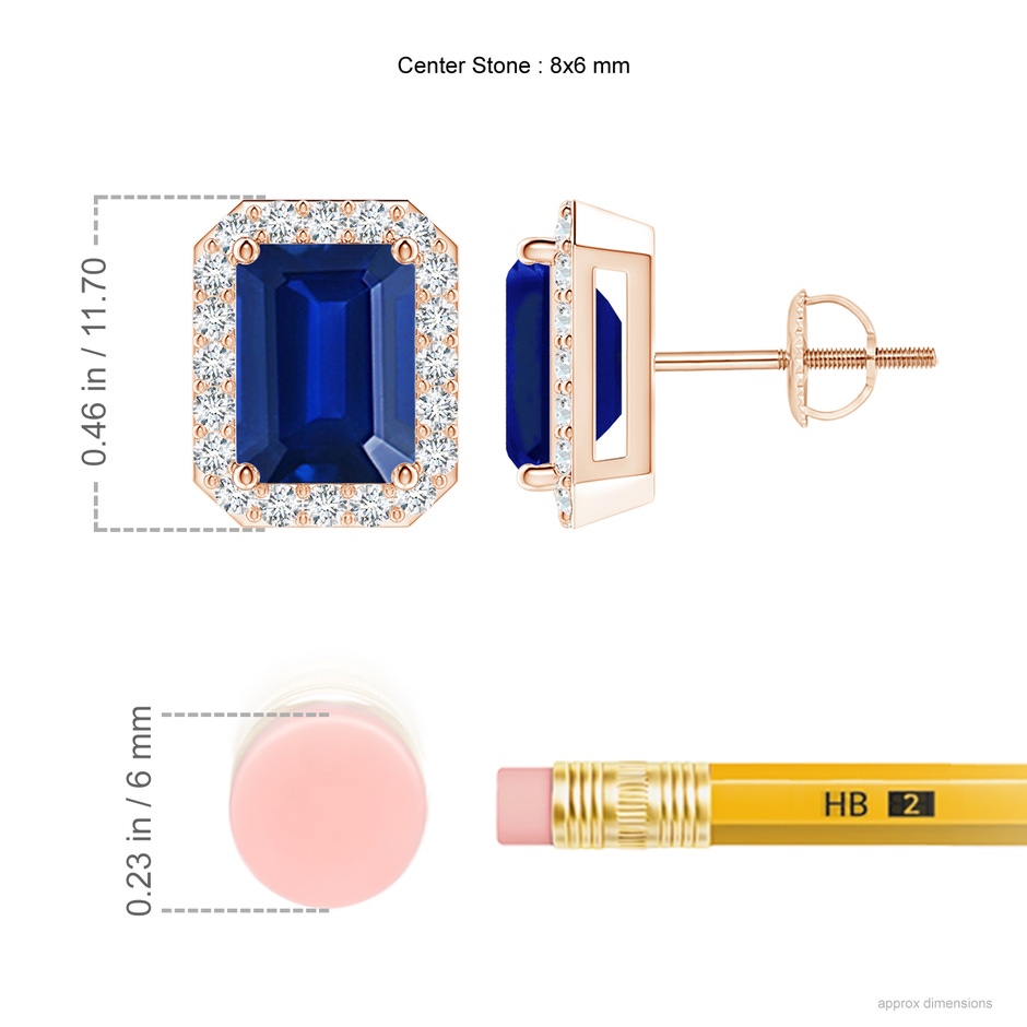 8x6mm AAAA Emerald-Cut Sapphire Stud Earrings with Diamond Halo in Rose Gold ruler