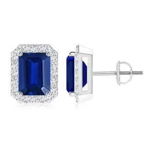 8x6mm Lab-Grown Emerald-Cut Sapphire Stud Earrings with Diamond Halo in White Gold