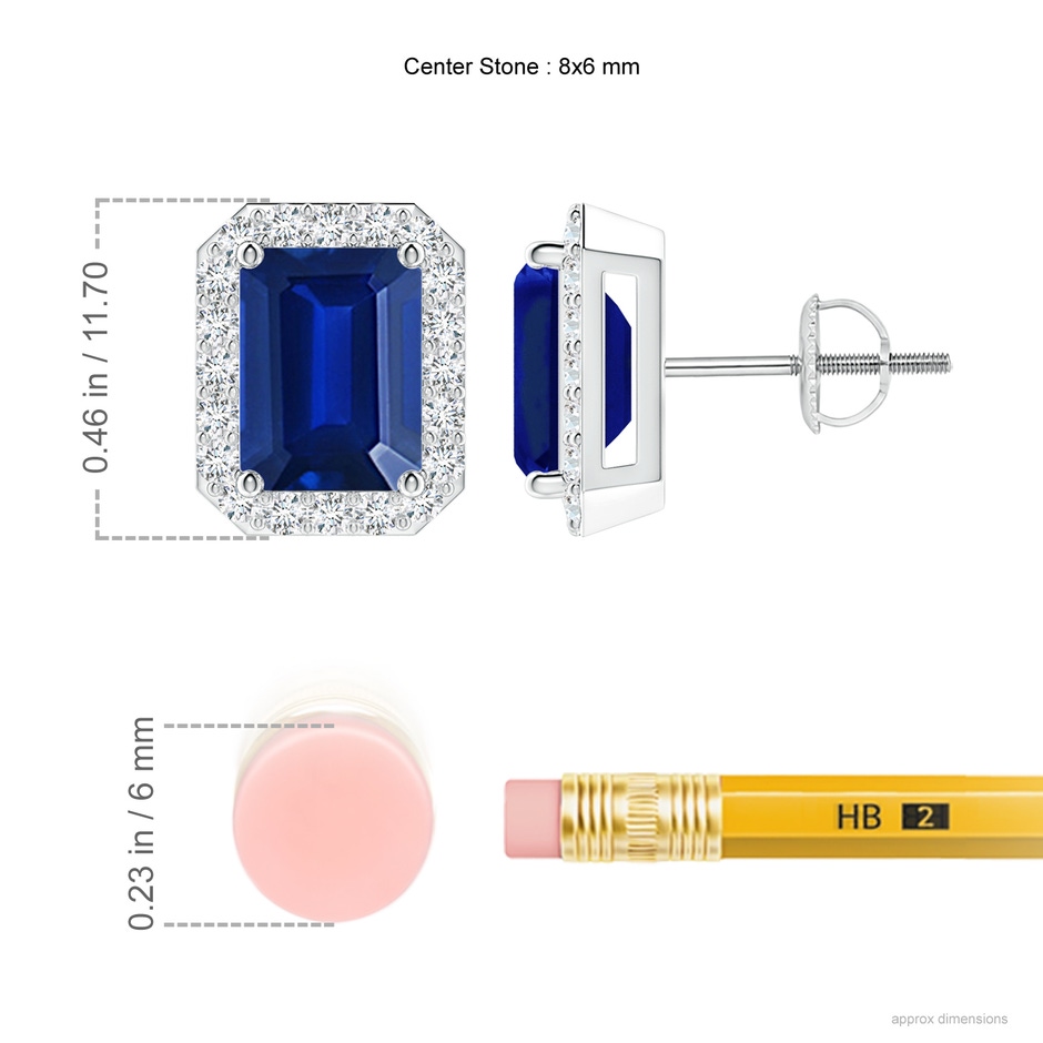 8x6mm Lab-Grown Emerald-Cut Sapphire Stud Earrings with Diamond Halo in White Gold ruler