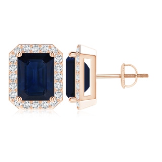 9x7mm AA Emerald-Cut Sapphire Stud Earrings with Diamond Halo in Rose Gold