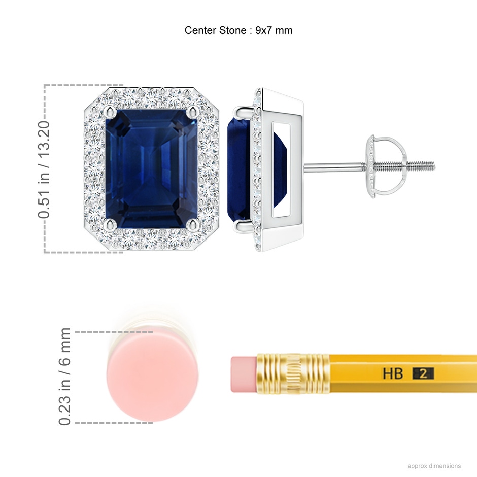 9x7mm AAA Emerald-Cut Sapphire Stud Earrings with Diamond Halo in P950 Platinum ruler