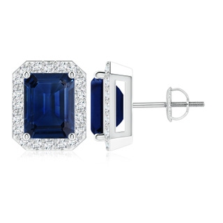 9x7mm AAA Emerald-Cut Sapphire Stud Earrings with Diamond Halo in White Gold