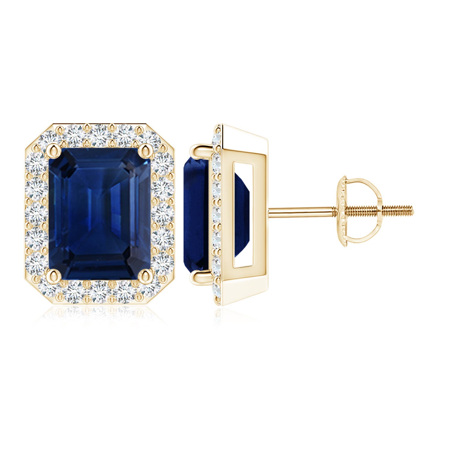9x7mm AAA Emerald-Cut Sapphire Stud Earrings with Diamond Halo in Yellow Gold