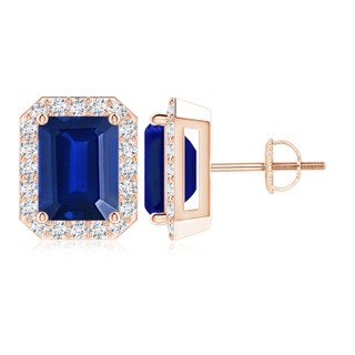 9x7mm AAAA Emerald-Cut Sapphire Stud Earrings with Diamond Halo in 10K Rose Gold