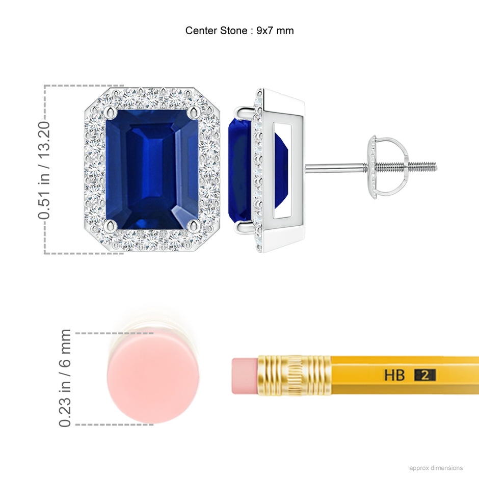 9x7mm AAAA Emerald-Cut Sapphire Stud Earrings with Diamond Halo in P950 Platinum ruler
