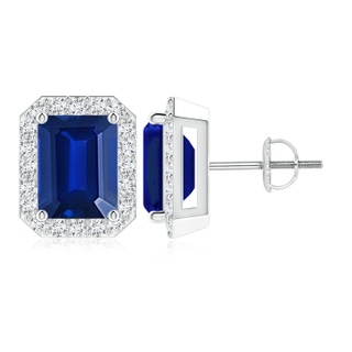 9x7mm Lab-Grown Emerald-Cut Sapphire Stud Earrings with Diamond Halo in White Gold