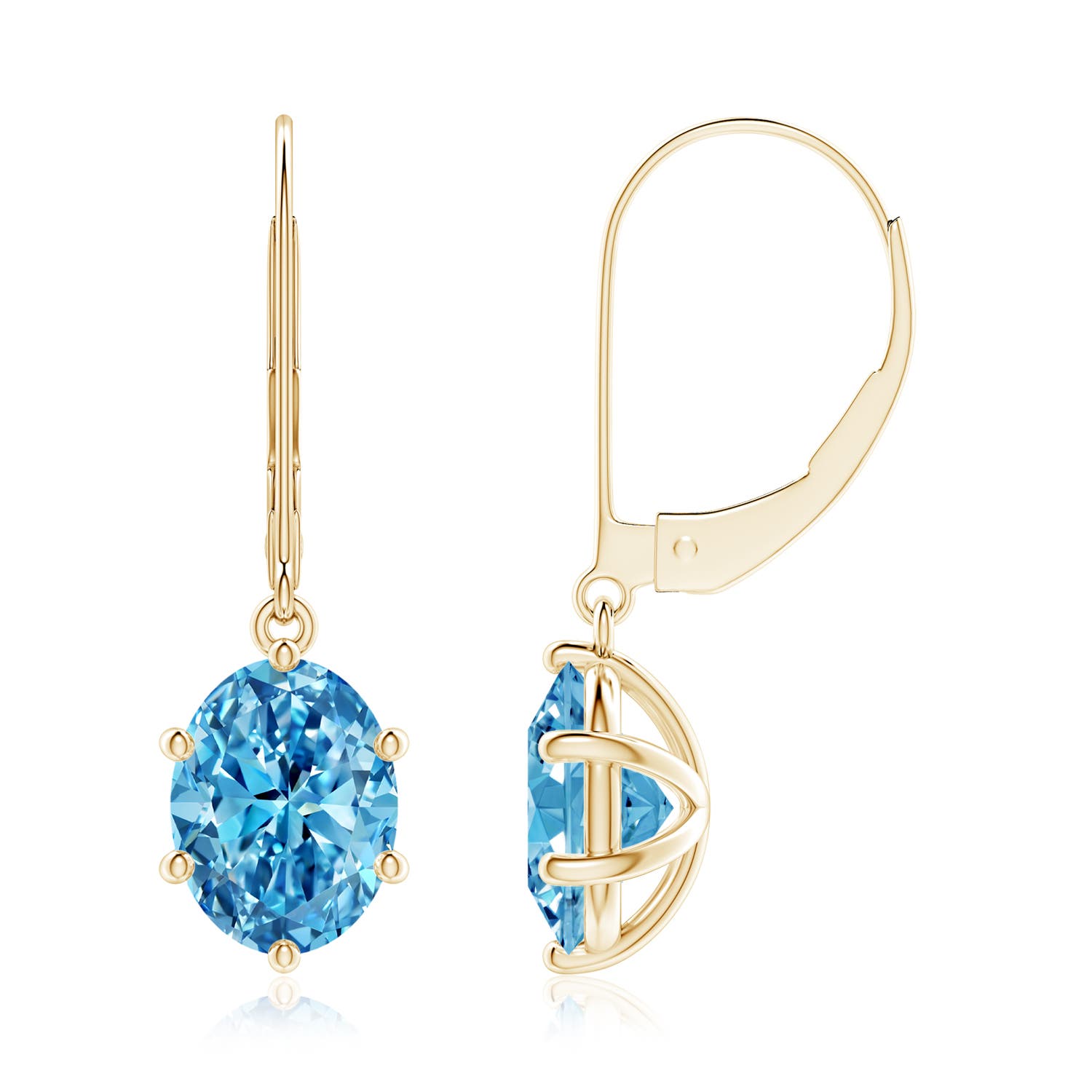Angara 3.0 CTW Oval Fancy Intense Blue Diamond Leverback Drop Earrings in 18K Yellow Gold