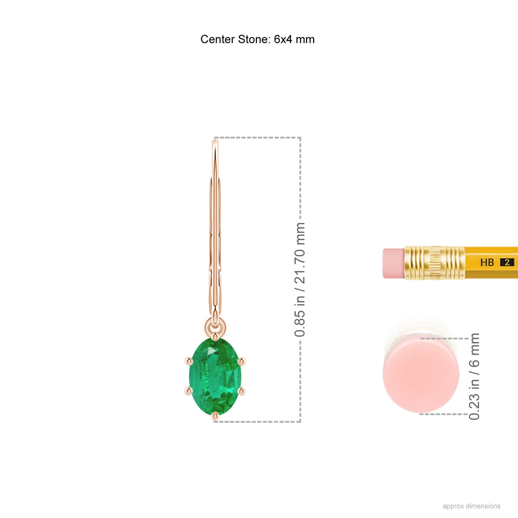 6x4mm AA Oval Emerald Leverback Drop Earrings in 18K Rose Gold ruler