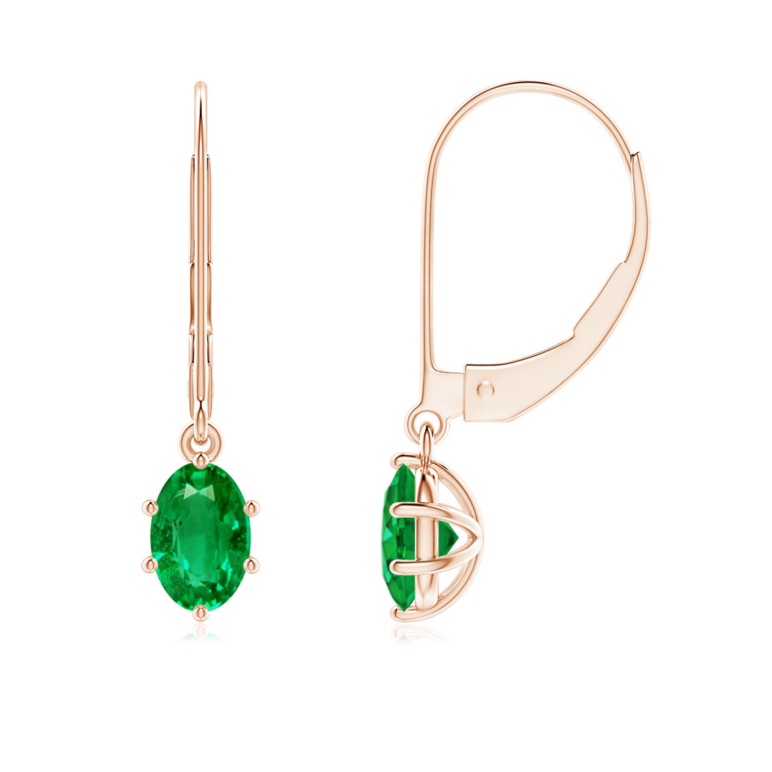 6x4mm AAA Oval Emerald Leverback Drop Earrings in 18K Rose Gold